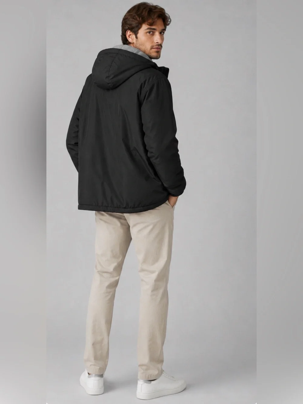 Lands’ End Japan Reversible Hooded Jacket Large Black Nylon Gray Fleece 00s Y2K